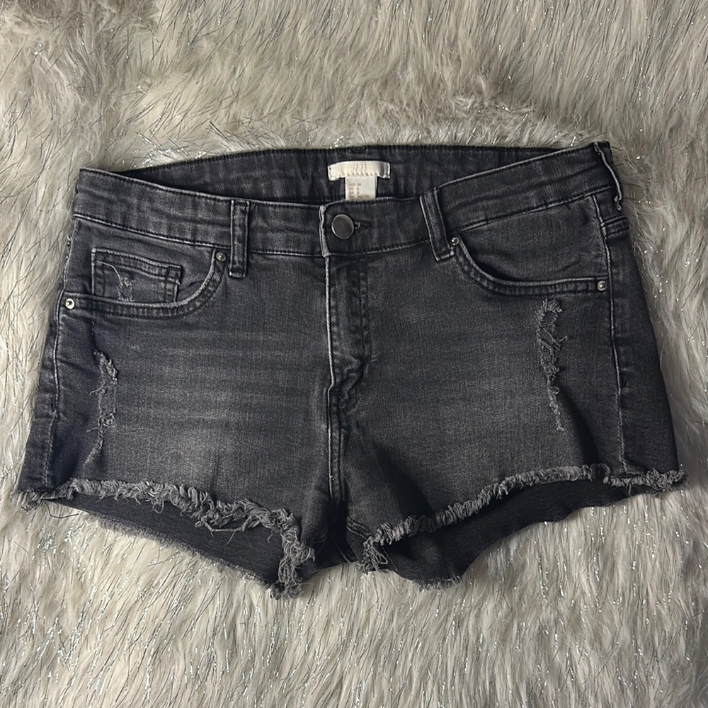 H&M Black Gray Jean Shorts Distressed Raw Hem